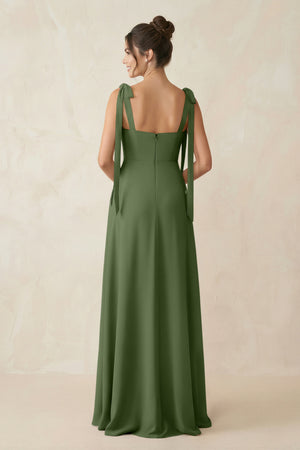 Square Neck Sheath Chiffon Bridesmaid Dress with Bow in Moss (2) | KISSBRIDAL