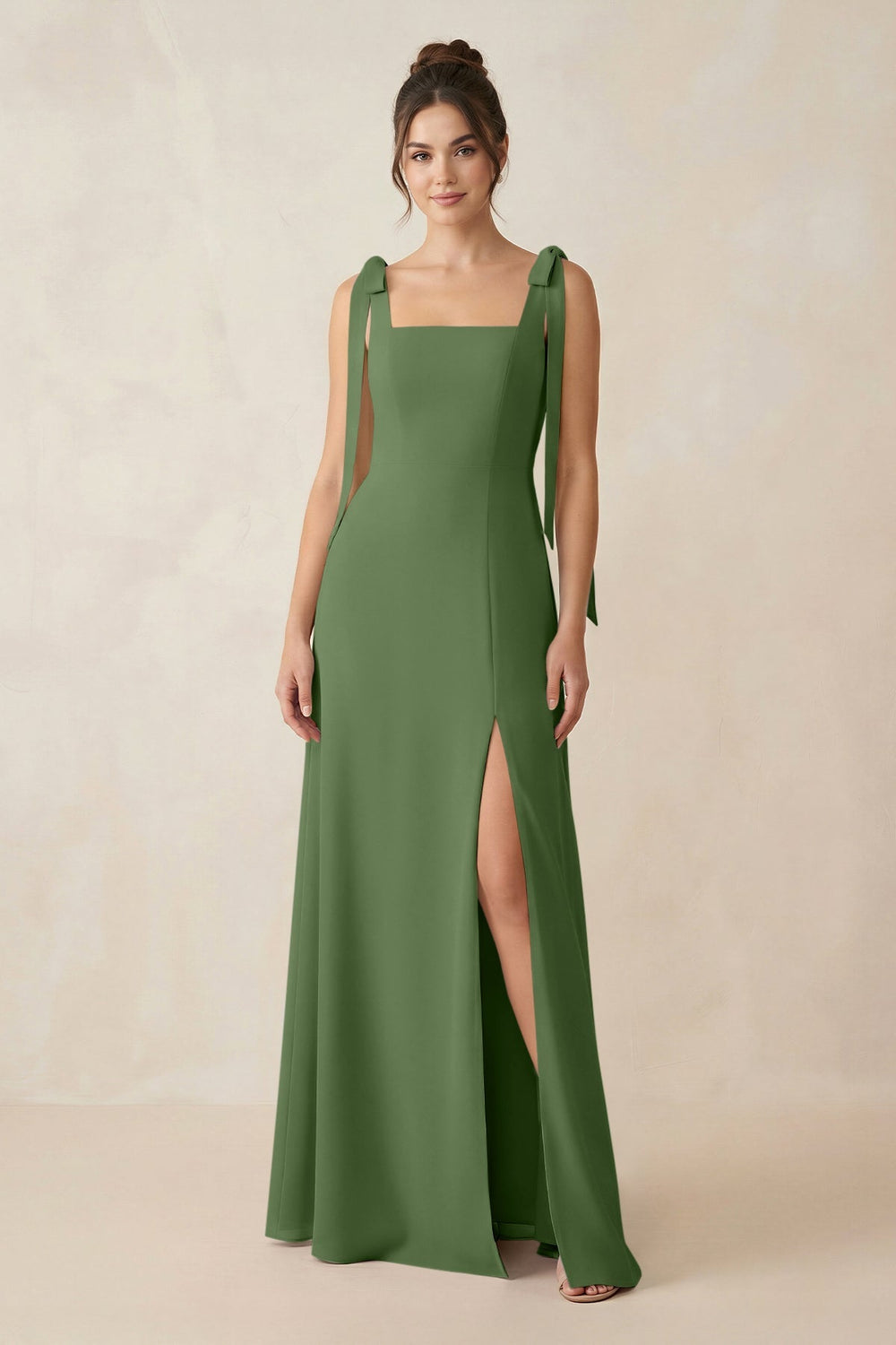 Square Neck Sheath Chiffon Bridesmaid Dress with Bow in Moss - KISS BRIDAL Bridesmaid Dresses
