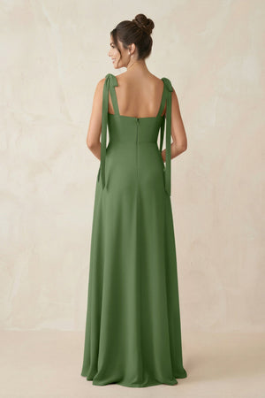 Square Neck Sheath Chiffon Bridesmaid Dress with Bow in Moss - SHE IS ME Bridesmaid Dresses