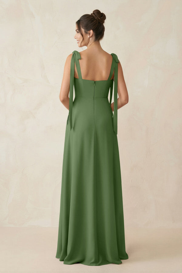 Square Neck Sheath Chiffon Bridesmaid Dress with Bow in Moss - SHE IS ME Bridesmaid Dresses