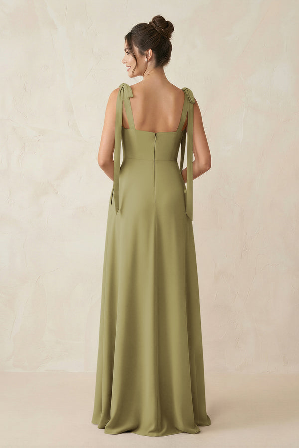 Square Neck Sheath Chiffon Bridesmaid Dress with Bow in Moss Green (2) | KISSBRIDAL