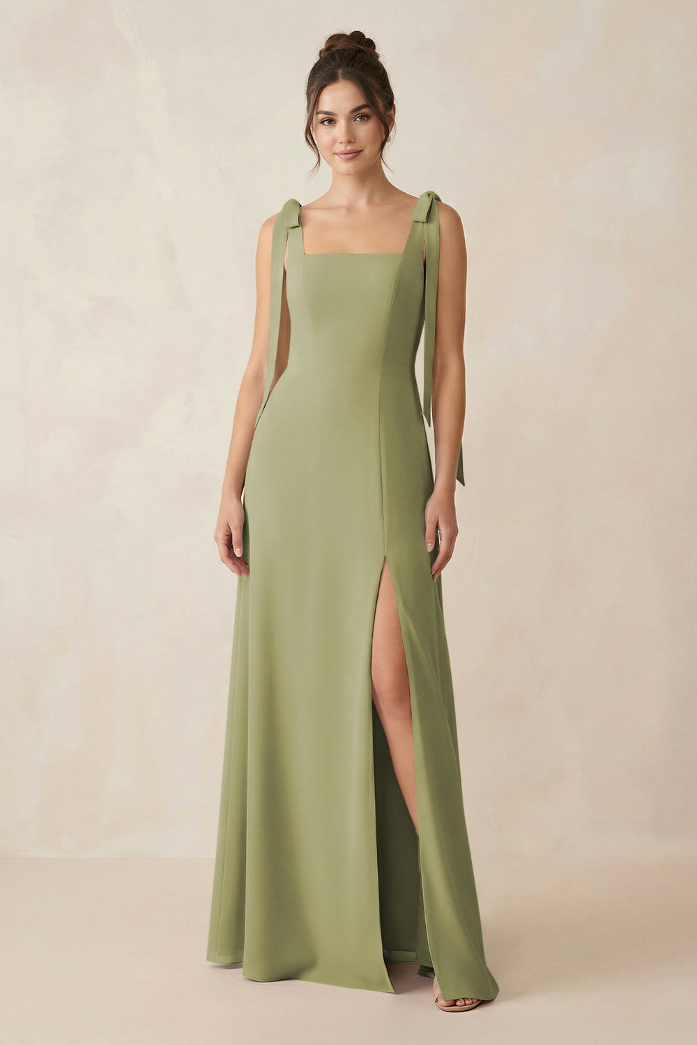 Square Neck Sheath Chiffon Bridesmaid Dress with Bow in Moss Green - KISS BRIDAL Bridesmaid Dresses