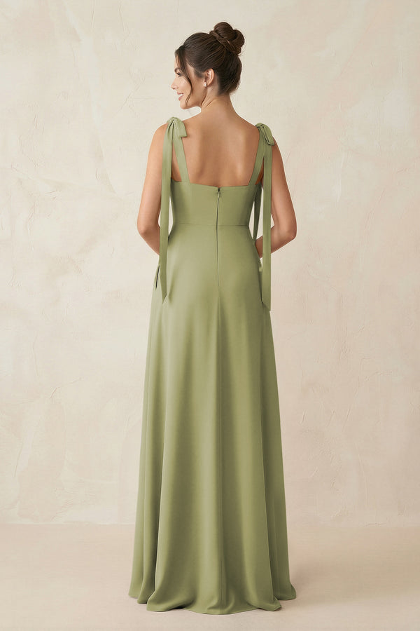 Square Neck Sheath Chiffon Bridesmaid Dress with Bow in Moss Green - SHE IS ME Bridesmaid Dresses