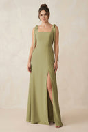 Square Neck Sheath Chiffon Bridesmaid Dress with Bow in Moss Green | KISSBRIDAL