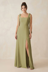 Square Neck Sheath Chiffon Bridesmaid Dress with Bow in Moss Green | KISSBRIDAL
