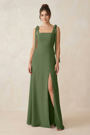 Square Neck Sheath Chiffon Bridesmaid Dress with Bow in Moss | KISSBRIDAL