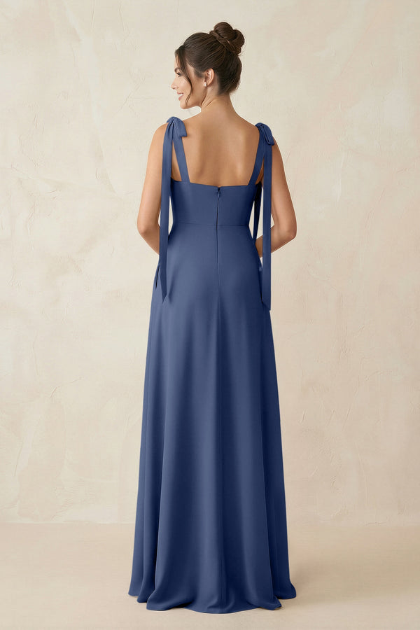 Square Neck Sheath Chiffon Bridesmaid Dress with Bow in Navy - SHE IS ME Bridesmaid Dresses