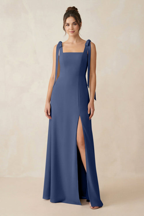 Square Neck Sheath Chiffon Bridesmaid Dress with Bow in Navy - SHE IS ME Bridesmaid Dresses