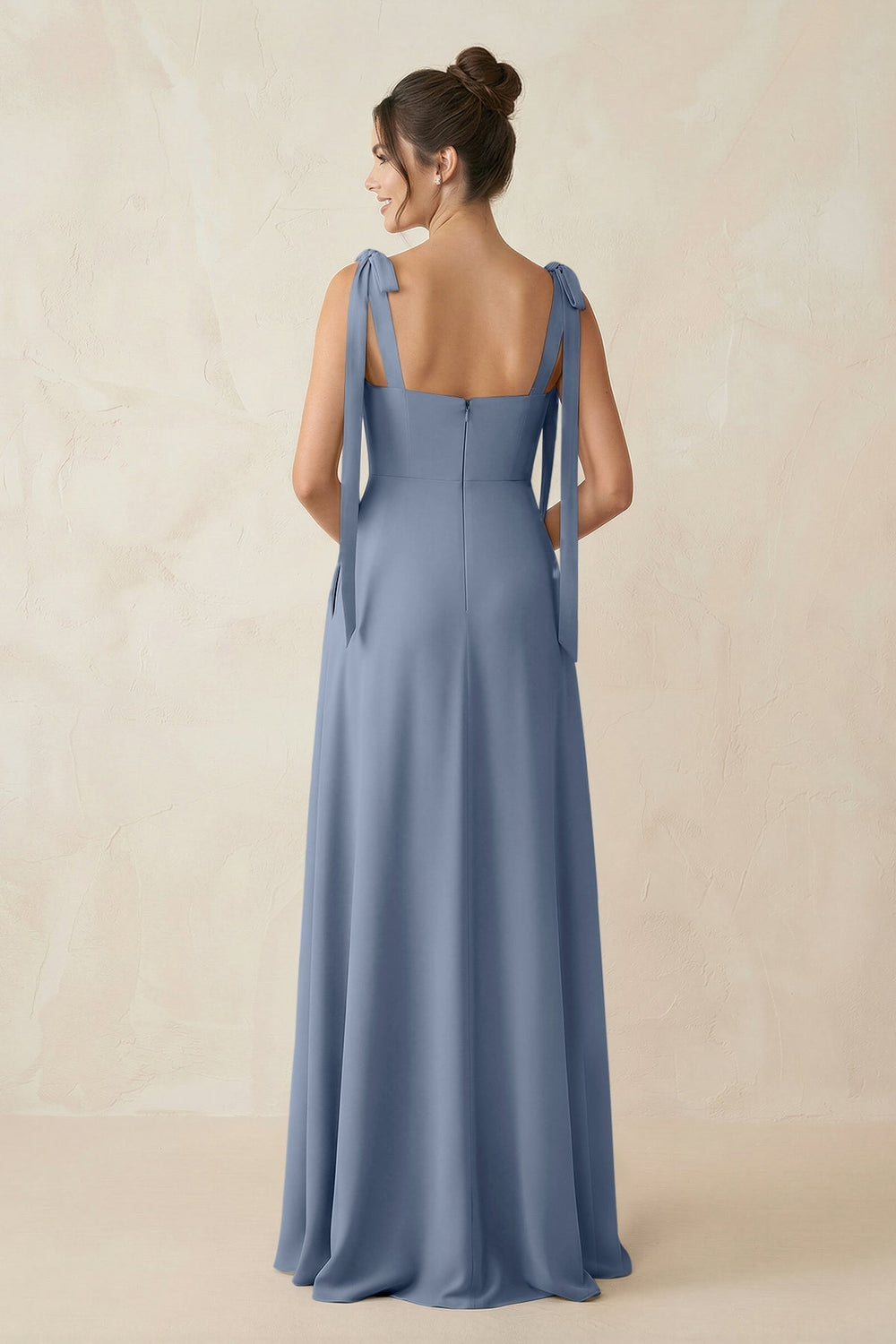 Square Neck Sheath Chiffon Bridesmaid Dress with Bow in Neptune - KISS BRIDAL Bridesmaid Dresses