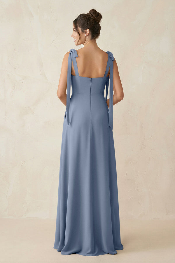 Square Neck Sheath Chiffon Bridesmaid Dress with Bow in Neptune - SHE IS ME Bridesmaid Dresses