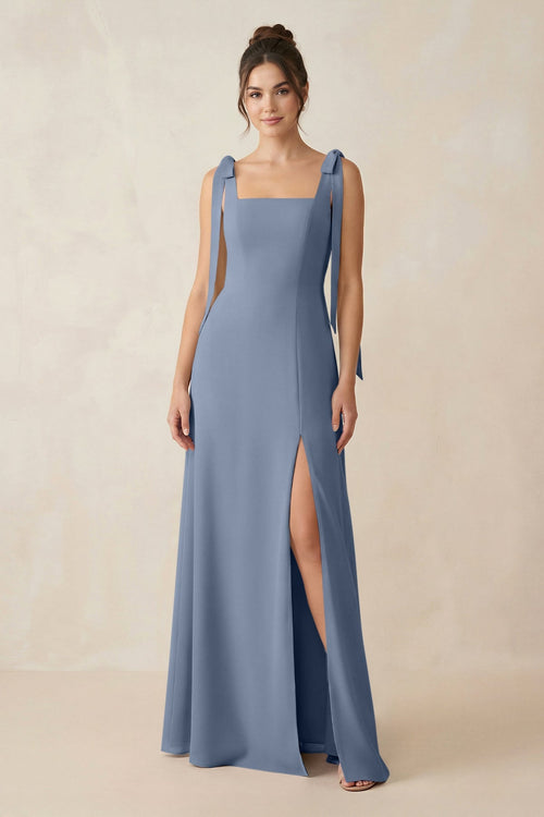 Square Neck Sheath Chiffon Bridesmaid Dress with Bow in Neptune - SHE IS ME Bridesmaid Dresses