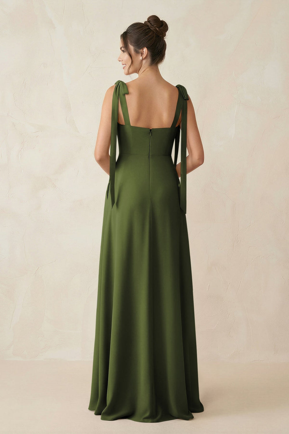 Square Neck Sheath Chiffon Bridesmaid Dress with Bow in Olive - KISS BRIDAL Bridesmaid Dresses
