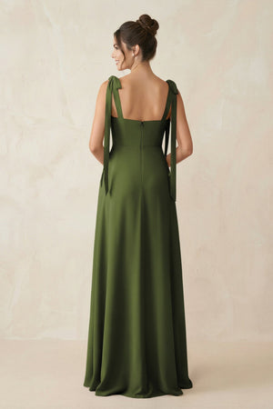 Square Neck Sheath Chiffon Bridesmaid Dress with Bow in Olive - SHE IS ME Bridesmaid Dresses