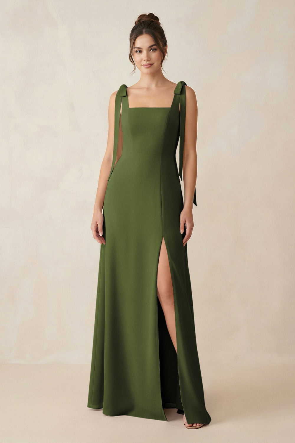 Square Neck Sheath Chiffon Bridesmaid Dress with Bow in Olive - KISS BRIDAL Bridesmaid Dresses
