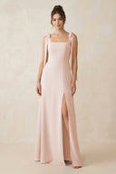 Square Neck Sheath Chiffon Bridesmaid Dress with Bow in Pale Blush - SHE IS ME Bridesmaid Dresses