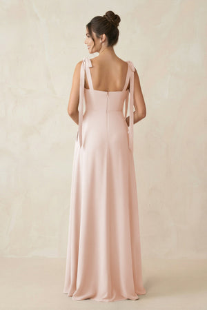 Square Neck Sheath Chiffon Bridesmaid Dress with Bow in Pale Blush - SHE IS ME Bridesmaid Dresses