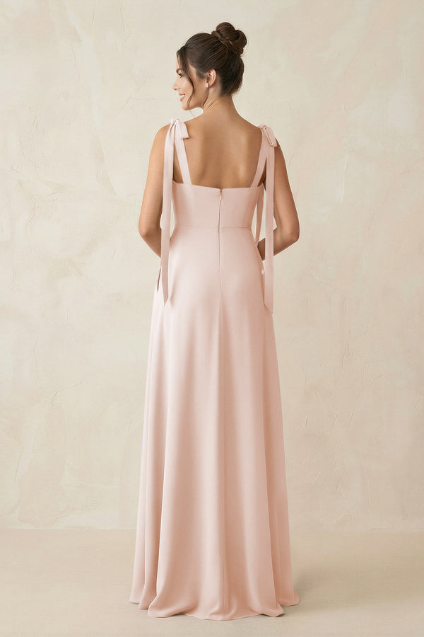 Square Neck Sheath Chiffon Bridesmaid Dress with Bow in Pale Blush - SHE IS ME Bridesmaid Dresses