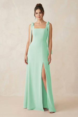 Square Neck Sheath Chiffon Bridesmaid Dress with Bow in Pale Pistachio - SHE IS ME Bridesmaid Dresses