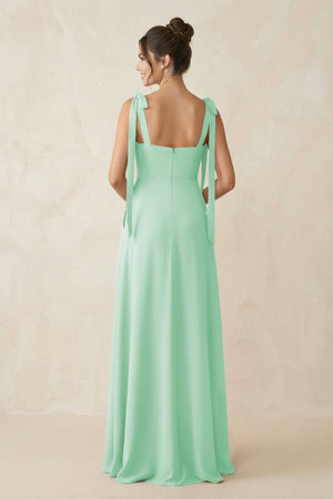 Square Neck Sheath Chiffon Bridesmaid Dress with Bow in Pale Pistachio - SHE IS ME Bridesmaid Dresses