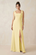 Square Neck Sheath Chiffon Bridesmaid Dress with Bow in Pastel Yellow - SHE IS ME Bridesmaid Dresses