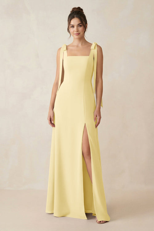 Square Neck Sheath Chiffon Bridesmaid Dress with Bow in Pastel Yellow - SHE IS ME Bridesmaid Dresses
