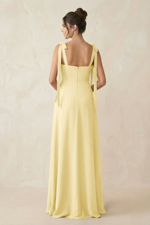Square Neck Sheath Chiffon Bridesmaid Dress with Bow in Pastel Yellow - SHE IS ME Bridesmaid Dresses