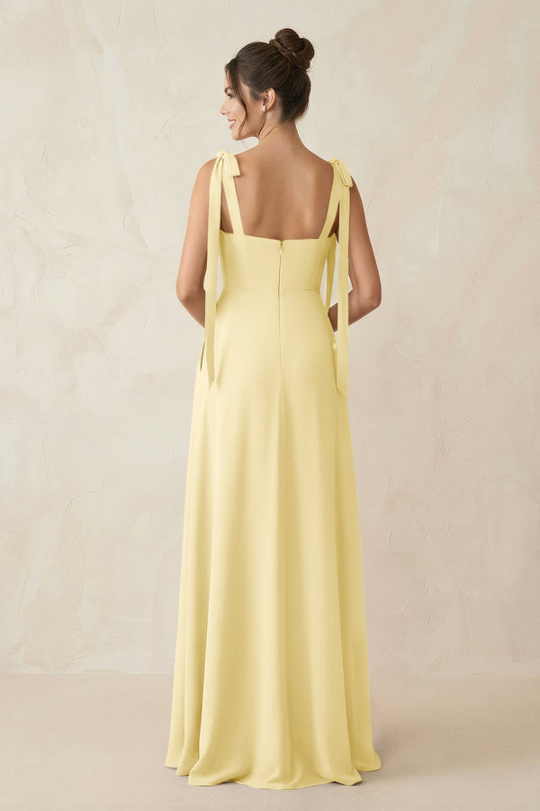 Square Neck Sheath Chiffon Bridesmaid Dress with Bow in Pastel Yellow - SHE IS ME Bridesmaid Dresses