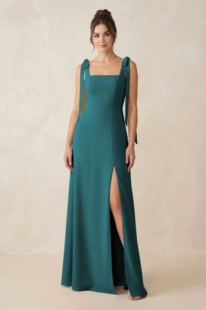 Square Neck Sheath Chiffon Bridesmaid Dress with Bow in Pine - SHE IS ME Bridesmaid Dresses