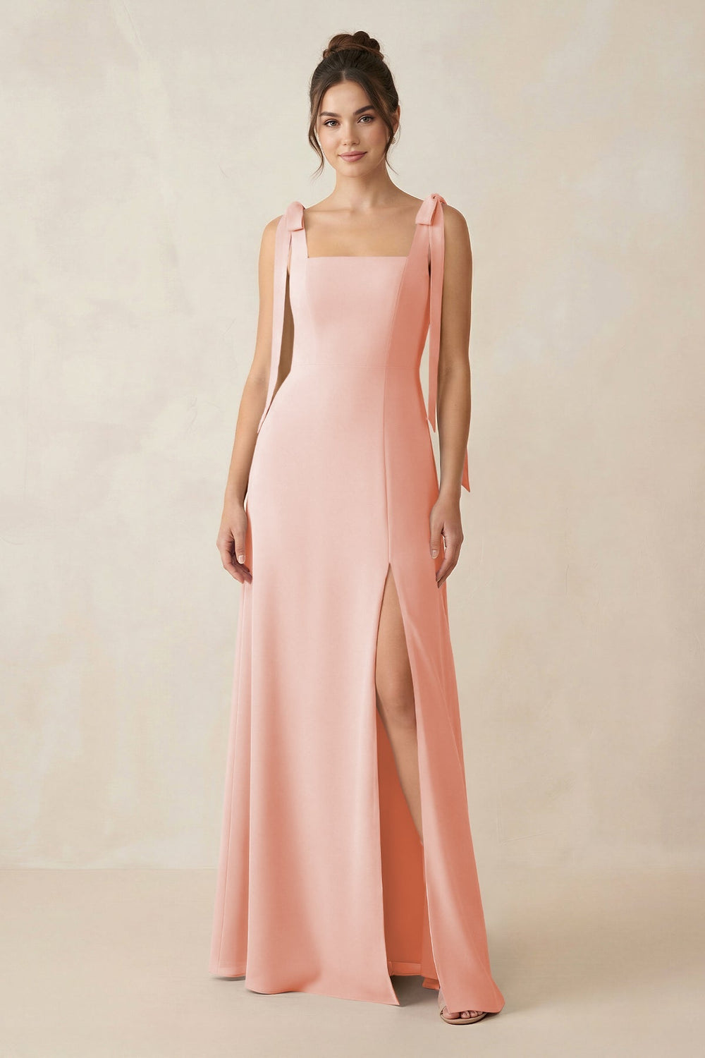 Square Neck Sheath Chiffon Bridesmaid Dress with Bow in Rose Petal - KISS BRIDAL Bridesmaid Dresses