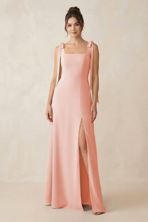 Square Neck Sheath Chiffon Bridesmaid Dress with Bow in Rose Petal - SHE IS ME Bridesmaid Dresses