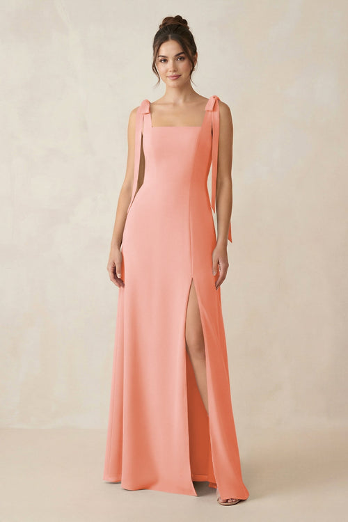 Square Neck Sheath Chiffon Bridesmaid Dress with Bow in Rosette - SHE IS ME Bridesmaid Dresses