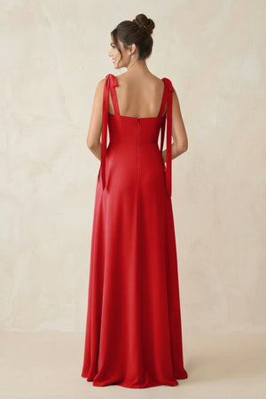 Square Neck Sheath Chiffon Bridesmaid Dress with Bow in Ruby Red - SHE IS ME Bridesmaid Dresses