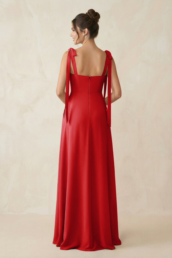 Square Neck Sheath Chiffon Bridesmaid Dress with Bow in Ruby Red - SHE IS ME Bridesmaid Dresses