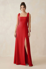 Square Neck Sheath Chiffon Bridesmaid Dress with Bow in Ruby Red - KISS BRIDAL Bridesmaid Dresses