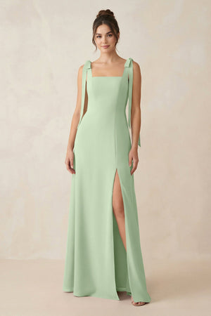 Square Neck Sheath Chiffon Bridesmaid Dress with Bow in Sage - SHE IS ME Bridesmaid Dresses
