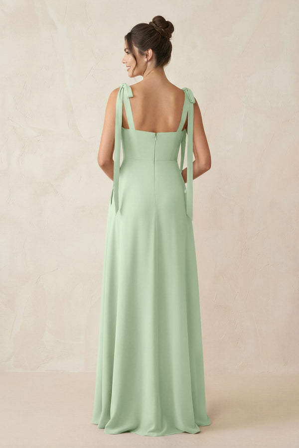 Square Neck Sheath Chiffon Bridesmaid Dress with Bow in Sage - SHE IS ME Bridesmaid Dresses