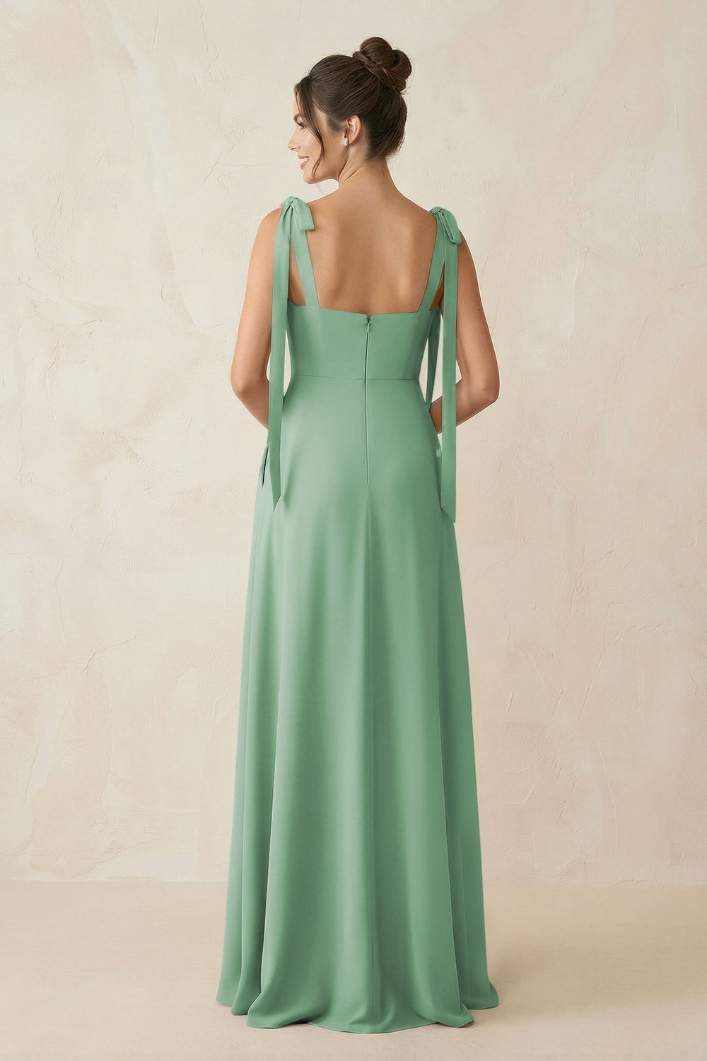 Square Neck Sheath Chiffon Bridesmaid Dress with Bow in Sea Glass - KISS BRIDAL Bridesmaid Dresses