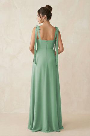 Square Neck Sheath Chiffon Bridesmaid Dress with Bow in Sea Glass - SHE IS ME Bridesmaid Dresses