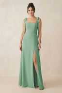 Square Neck Sheath Chiffon Bridesmaid Dress with Bow in Sea Glass - SHE IS ME Bridesmaid Dresses
