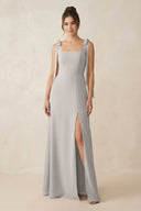 Square Neck Sheath Chiffon Bridesmaid Dress with Bow in Silver - SHE IS ME Bridesmaid Dresses