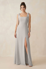 Square Neck Sheath Chiffon Bridesmaid Dress with Bow in Silver - KISS BRIDAL Bridesmaid Dresses