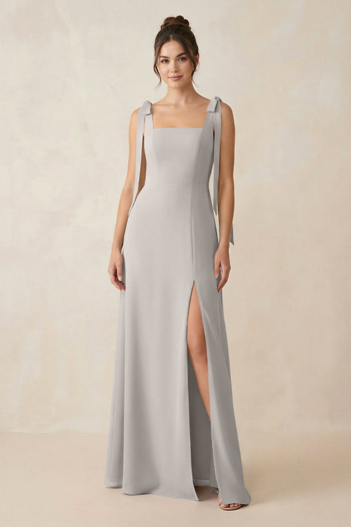Square Neck Sheath Chiffon Bridesmaid Dress with Bow in Silver - SHE IS ME Bridesmaid Dresses