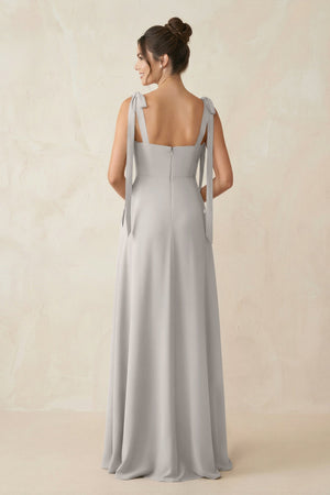 Square Neck Sheath Chiffon Bridesmaid Dress with Bow in Silver - SHE IS ME Bridesmaid Dresses