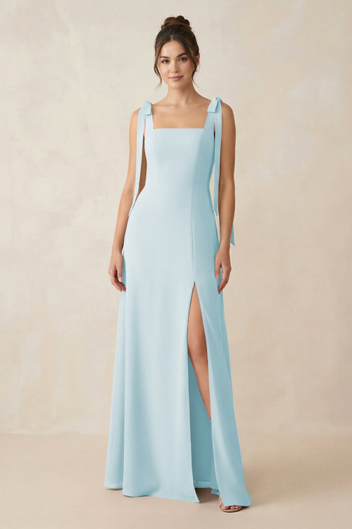 Square Neck Sheath Chiffon Bridesmaid Dress with Bow in Sky Blue - SHE IS ME Bridesmaid Dresses