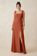Square Neck Sheath Chiffon Bridesmaid Dress with Bow in Spice - SHE IS ME Bridesmaid Dresses