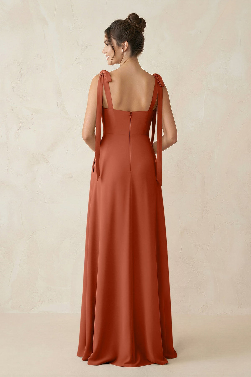 Square Neck Sheath Chiffon Bridesmaid Dress with Bow in Spice - KISS BRIDAL Bridesmaid Dresses