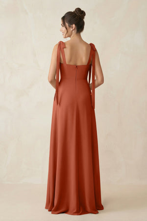 Square Neck Sheath Chiffon Bridesmaid Dress with Bow in Spice - SHE IS ME Bridesmaid Dresses