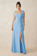 Square Neck Sheath Chiffon Bridesmaid Dress with Bow in Steel Blue - SHE IS ME Bridesmaid Dresses