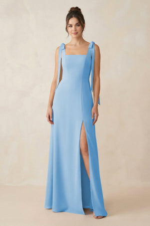Square Neck Sheath Chiffon Bridesmaid Dress with Bow in Steel Blue - SHE IS ME Bridesmaid Dresses