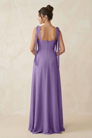 Square Neck Sheath Chiffon Bridesmaid Dress with Bow in Tahiti - SHE IS ME Bridesmaid Dresses